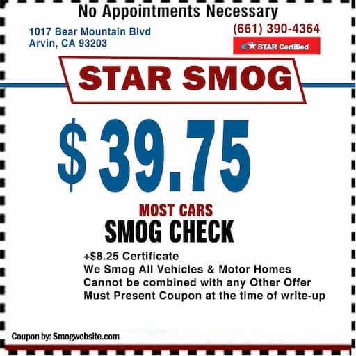 Star Smog $39.75 smog check coupon at 1017 Bear Mountain Blvd, Arvin CA